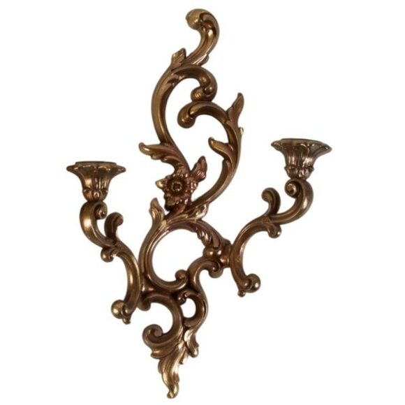 VTG Ornate Gold Wall Sconce 17" | Double Candle Holder Hollywood Regency Elegant - Picture 1 of 7